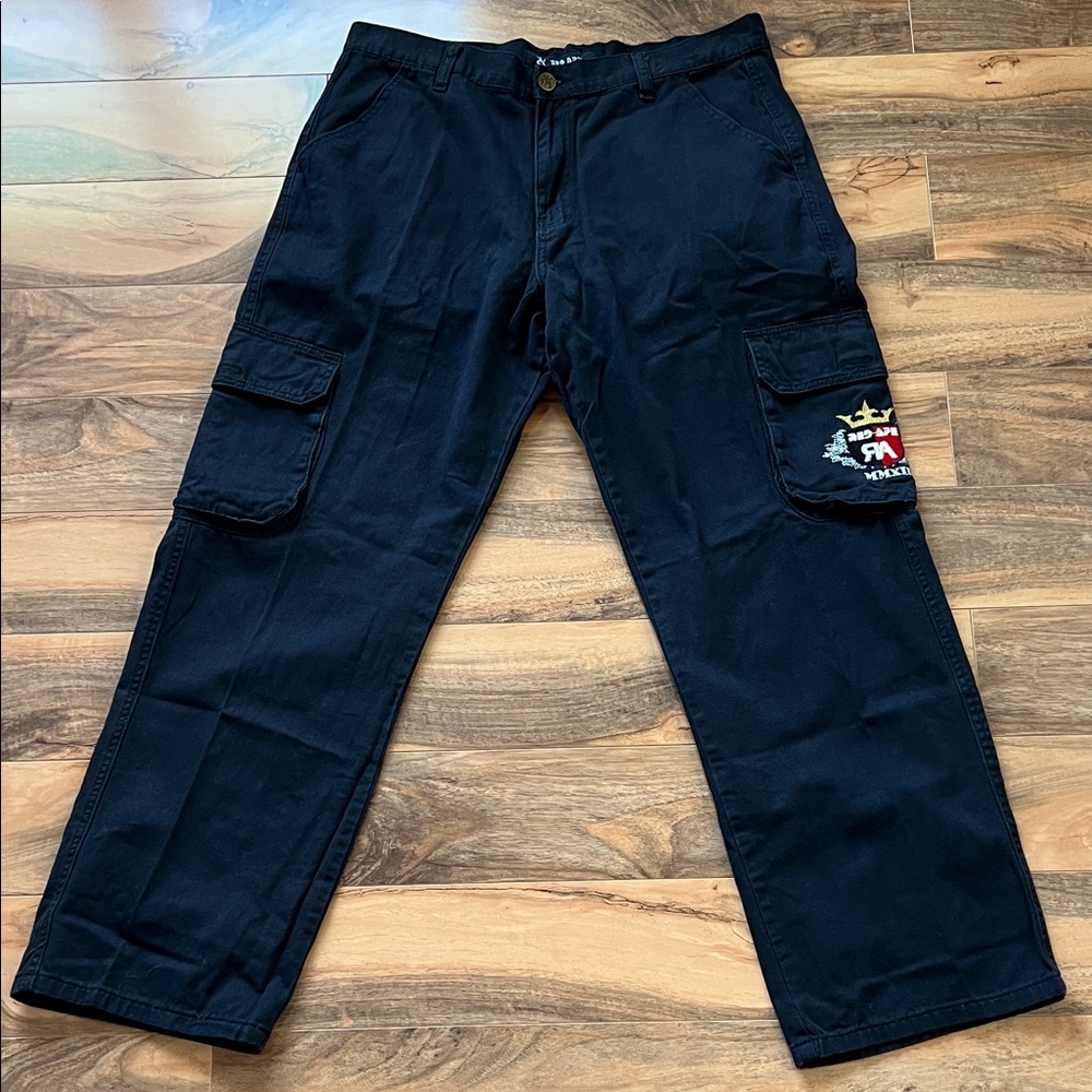 Black Cargo Pants Mens 38x30 Wide Leg Y2K Streetwear Embroidered Baggy